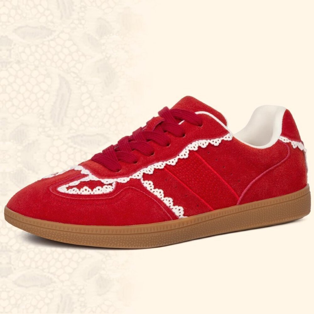 Casual Red Sneakers Women with Lace Detail Ribbon Leather Upper Memory Foam - Picture 6 of 6